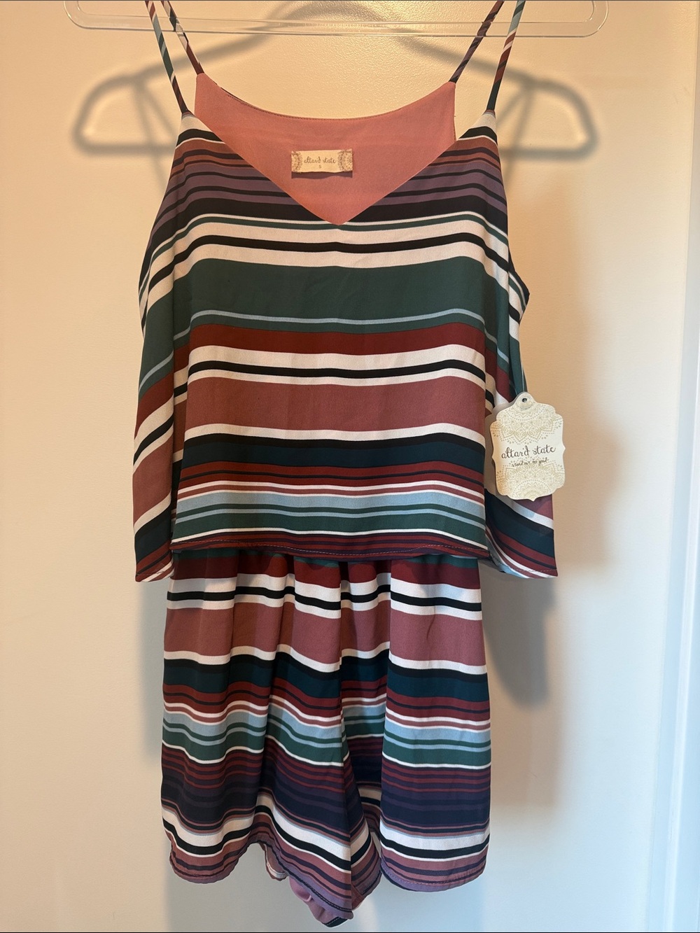 Striped Sleeveless Romper in Mauve, Green & Navy